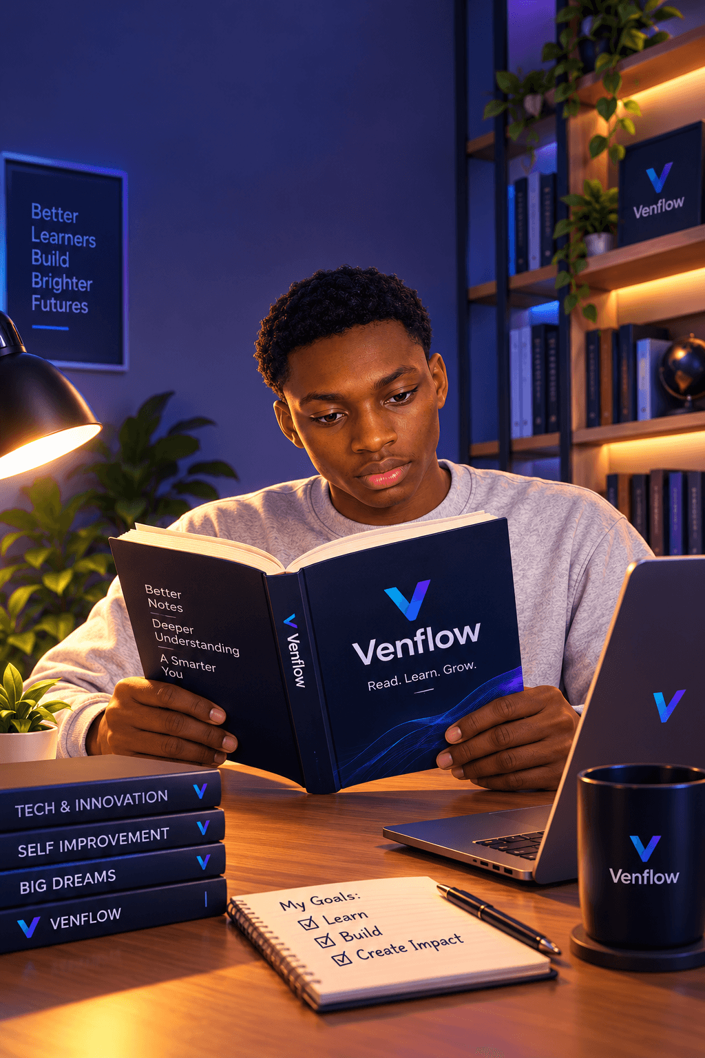 Student reading a Venflow book